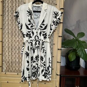 ZARA floral linen dress XS mini full button front cream black belt short sleeve